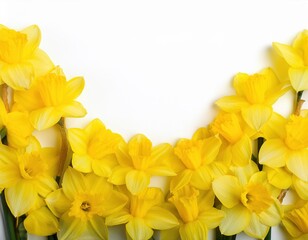 Vibrant yellow daffodils arranged in a border on white background