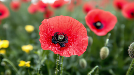 Close-up of a red poppy flower with raindrops in a blooming meadow, surrounded by green grass and yellow wildflowers in soft focus.