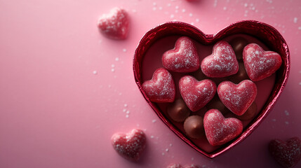 Fototapeta premium Heart-shaped chocolates in a pink box for special occasions