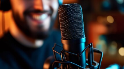 Content creator recording podcast with professional microphone