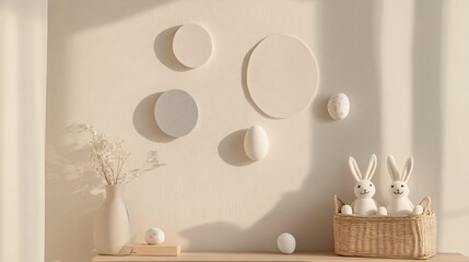 A clean, minimal interior with geometric felt Easter shapes like circles, eggs and rabbits, hanging on a light-toned wall