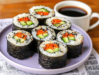 Eight Pieces of Sushi on a Plate with Soy Sauce