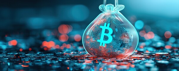 A digital representation of a bag containing Bitcoin, set against a background of shimmering coins, symbolizing cryptocurrency wealth.
