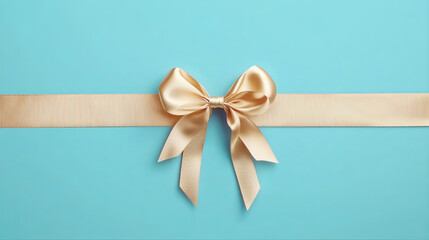 Elegant golden ribbon with a bow for gifts, presents holiday and suitable for various occasions and events. Golden ribbon with bow. Gold ribbon on a blue background