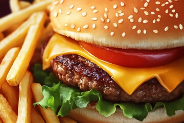 Close-up of a juicy burger with fries, featuring fresh ingredients and appetizing presentation