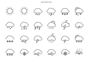 Obraz premium A comprehensive set of minimalist weather icons depicting sun, clouds, snow, rain, wind, and lightning in a clean, simple line art style.
