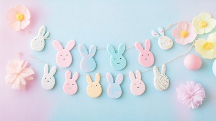 A pastel aesthetic flat lay of a minimalist felt Easter decoration garland, neatly arranged on a textured fabric surface