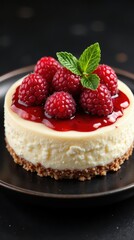 a classic New York-style cheesecake, served on a rustic, matte black ceramic plate.  