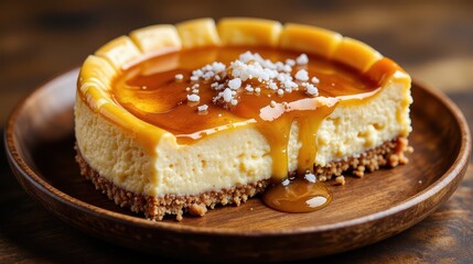 a salted caramel cheesecake, served on a warm, rustic wooden plate.