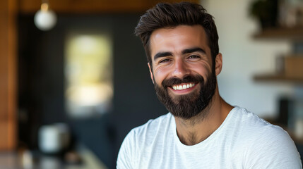 Obraz premium Confidently Smiling Bearded Man in Casual Attire