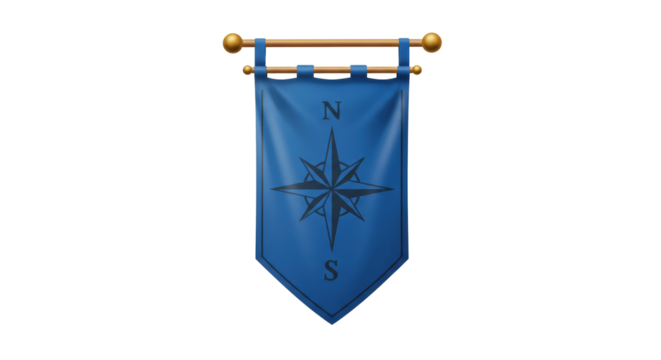 Isolated Medieval Blue Banner with Compass Rose Symbol