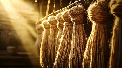 Warm Sunlight on Yarn: An artful display of neatly arranged yarn, illuminated by soft sunlight, highlighting the texture and natural hues of the fibers.