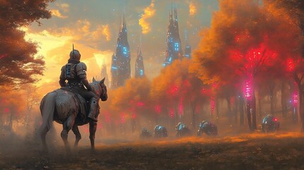 Futuristic Knight on Horseback Riding Through Autumnal Forest Towards Glowing City