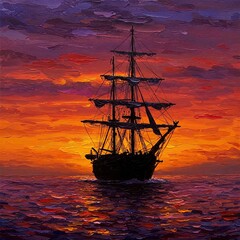 Obraz premium Impressionist Sunset With Shadowed Tall Ship