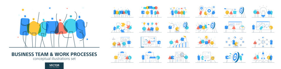 Teamwork in business. Flat vector set of office people working, men and women employees. Corporate success, strategy, and job concepts. Modern infographic design. Team, personal career plan icons.