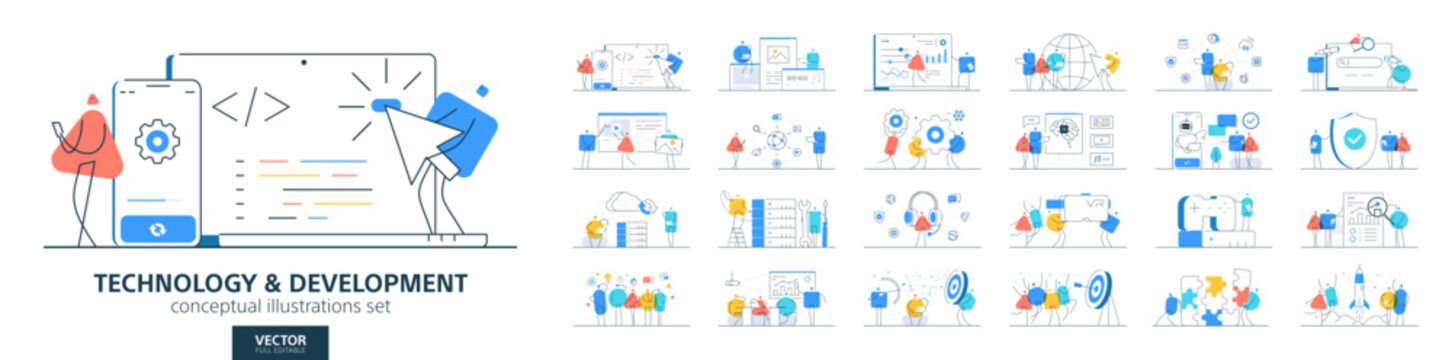 Software development, data technology in business. Flat vector illustrations set of people working. Web designers, engineers, and coders. Infographic, teamwork and job concepts. Computer digital icon