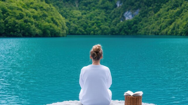 Young woman sitting by the lake with a book, phone turned off beside her, peaceful nature background, digital detox concept, relaxation, mindful living, nature escape