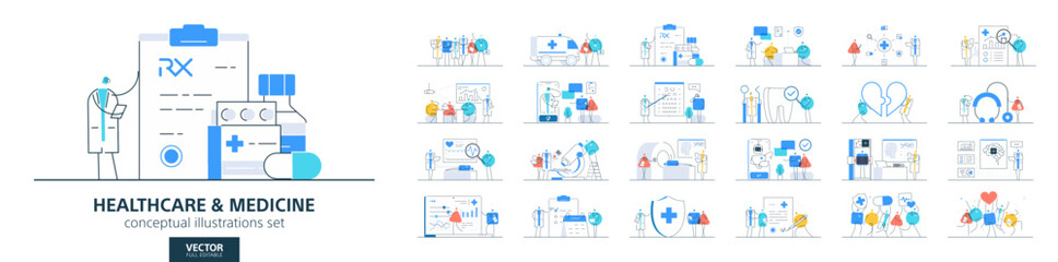 Healthcare, medical clinic. Flat vector line illustrations set of medic people work. Business infographic design. Health care, treatment, ai research concepts. hospital, doctor, patient and nurse icon