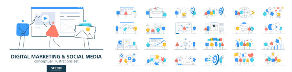 Social media technology, digital business company. Flat vector set of people working. Seo strategy, network communication concepts. Modern infographic corporate design. Web site, video content icons
