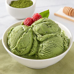 Green Matcha Ice Cream with Raspberries and Honey