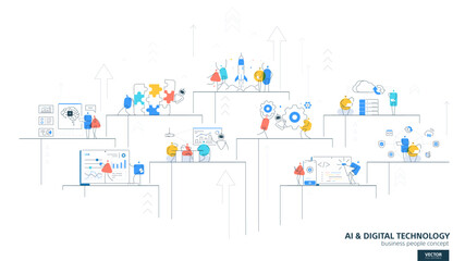 AI Digital Technology. Robot, automation process, machine line icons, and people characters. Business infographic development. Vector teamwork concept illustration. Tech journey and growth. Startup
