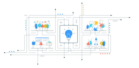 Teamwork and idea generation. Business people work together. Office collaboration, challenges and brainstorm, puzzle solution icon. Strategy, success, and startup growth. Infographic vector concept