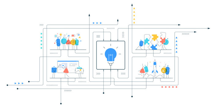 Teamwork and idea generation. Business people work together. Office collaboration, challenges and brainstorm, puzzle solution icon. Strategy, success, and startup growth. Infographic vector concept