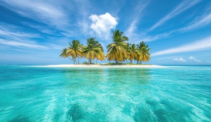 Pristine tropical island paradise.  Crystal-clear turquoise water surrounds a small, sandy island with lush palm trees.  A perfect escape