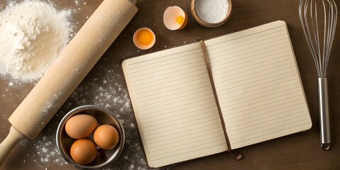 On the table there is flour, eggs, a rolling pin, and a clean recipe notebook.