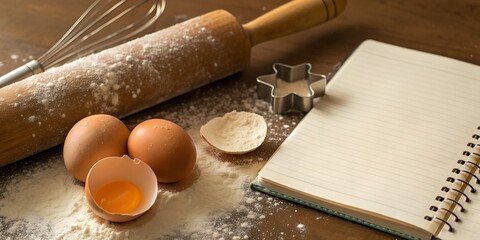 Baking ingredients and tools with open notebook. Cozy kitchen countertop with flour, eggs, and a recipe notebook.