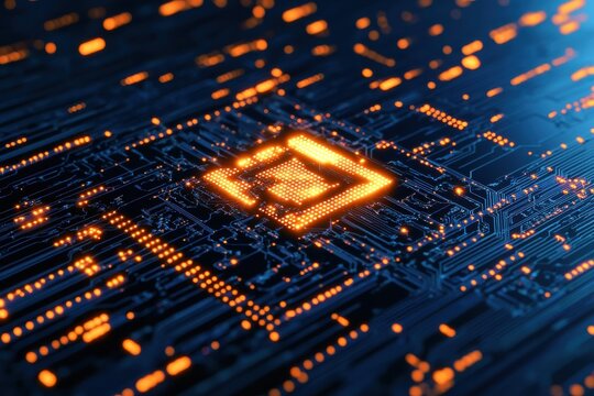 Abstract artificial intelligence algorithm on a computer motherboard with glowing lights and blue background