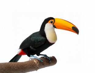 A vibrant toucan perched on a branch, showcasing its large, colorful beak. The bird's black feathers contrast with its bright yellow throat. Lush green tropical foliage in the background.