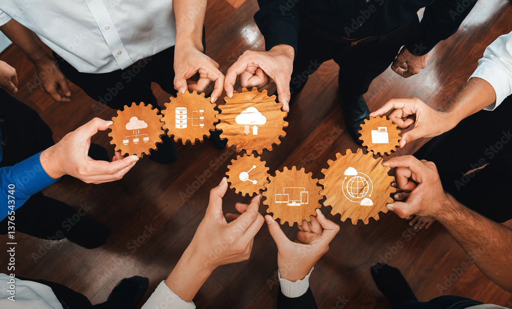 Poster a dynamic overhead view of multiple hands working with gears symbolizing collaboration in technology