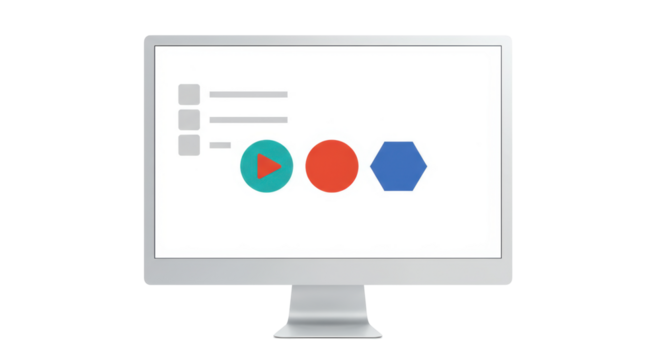 Isolated Computer Monitor Displaying Play Button and Geometric Shapes