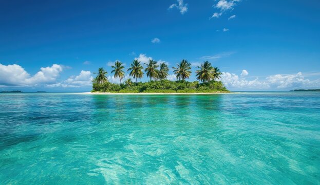 Pristine tropical island paradise. Crystal-clear turquoise water surrounds a lush island with palm trees under a vibrant blue sky
