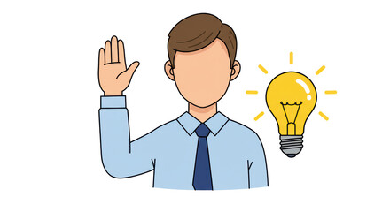 Isolated Cartoon Man Raising Hand with Light Bulb Symbolizing Idea