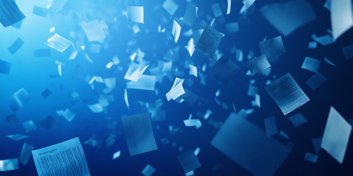 Flying documents in blue background representing digital data or paper chaos
