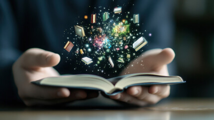Man's Hands Hold Open Book Levitating Colorful Objects Against Dark Background