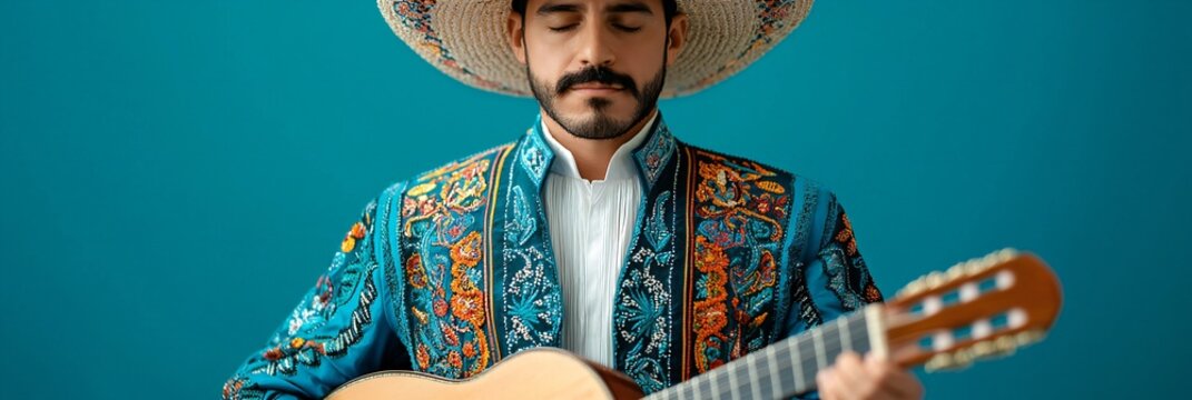 Cinco de Mayo, Mexican Man in Traditional Embroidered Clothing Plays Acoustic Guitar Against Teal Background He is wearing a sombrero