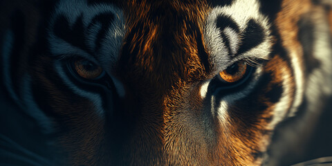 Epic cinematic shot of a tiger's eyes, highlighted by moody lighting and a dark atmosphere