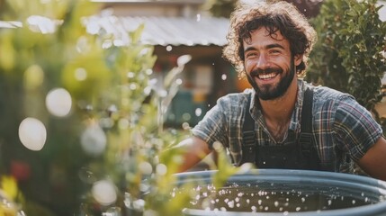 An activist smiles while installing a rainwater collection system at home, surrounded by greenery and enjoying sustainable living practices