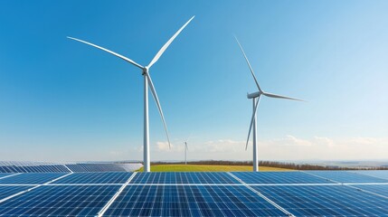 A landscape featuring solar panels in the foreground and wind turbines against a clear blue sky, showcasing renewable energy sources.
