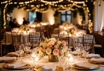 Fototapeta premium Elegant wedding reception setup with floral centerpieces and soft lighting