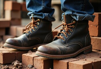 Stylish brown leather boots worn by a person standing on brick pavement