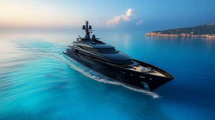 Luxury yacht cruising on turquoise waters at sunset  
