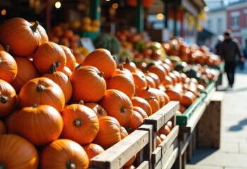 Fresh pumpkins stacked at a market, ready for autumn festivities