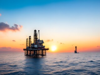 Majestic offshore oil rig silhouetted against a breathtaking sunset over the calm ocean waves, a powerful symbol of energy production.