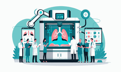 vector illustration of a futuristic medical laboratory featuring a large pair of human lungs, easily editable.