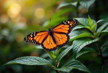 Fototapeta premium Vibrant monarch butterfly perched on lush green leaves in nature
