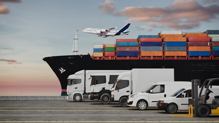 3D Rendering of Multimodal Transport with Ship, Trucks, and Plane..